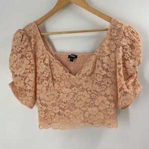 Express Vintage peach crop top lace puff sleeve V neck womens spring summer top